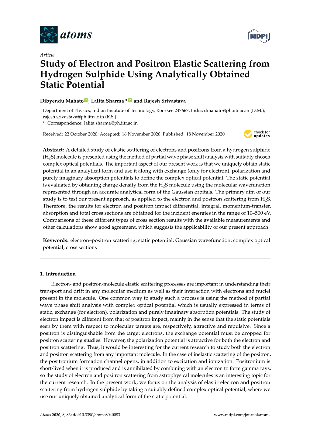 Study of Electron and Positron Elastic Scattering from Hydrogen Sulphide Using Analytically Obtained Static Potential