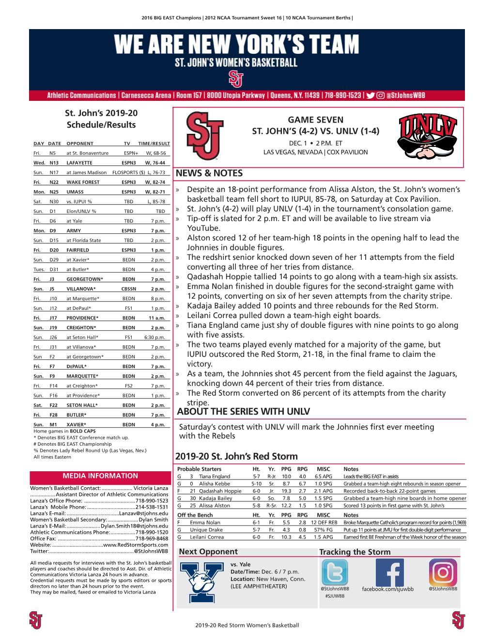 2019-20 St. John's Red Storm NEWS & NOTES ABOUT the SERIES with UNLV