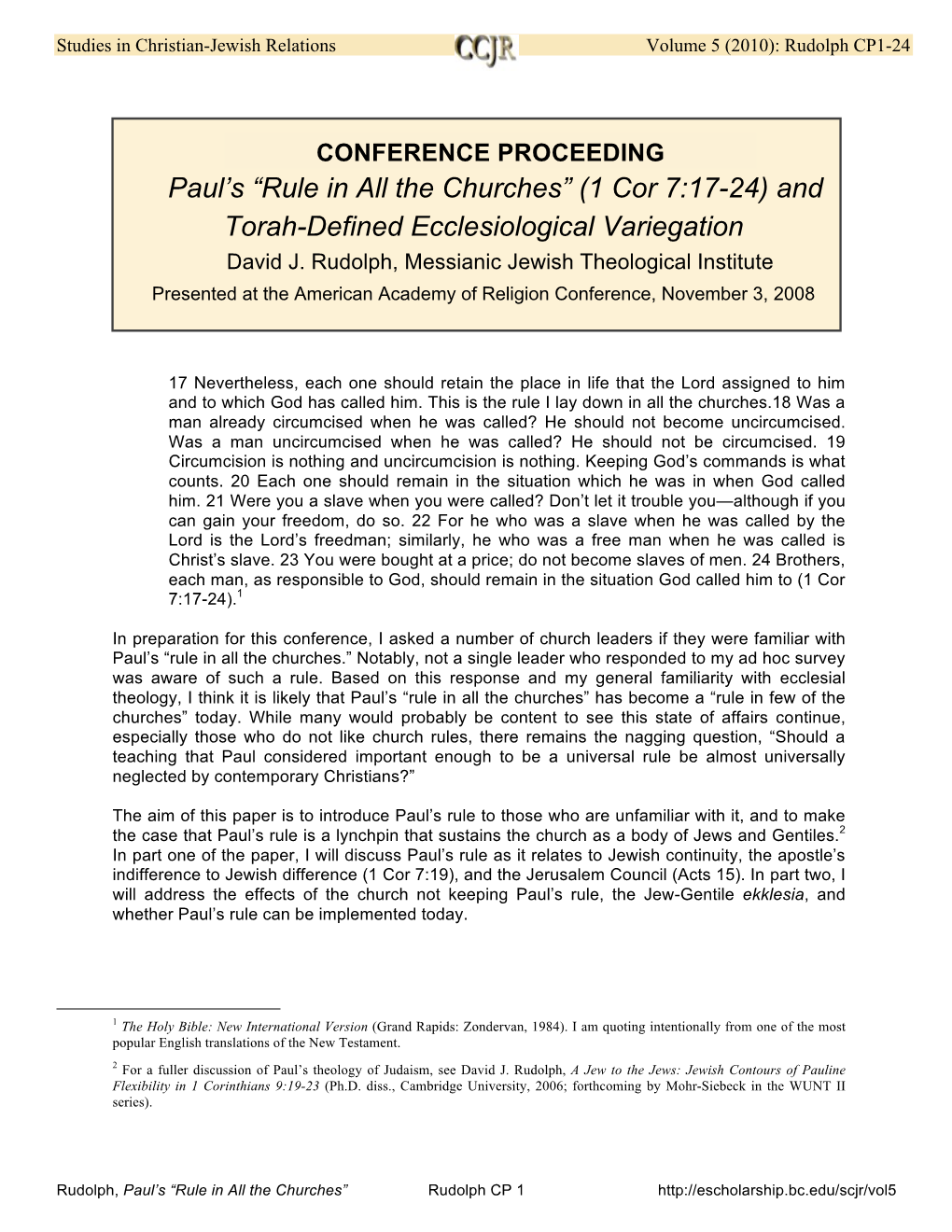 Paul's 'Rule in All the Churches' (1 Cor 7:17-24) and Torah