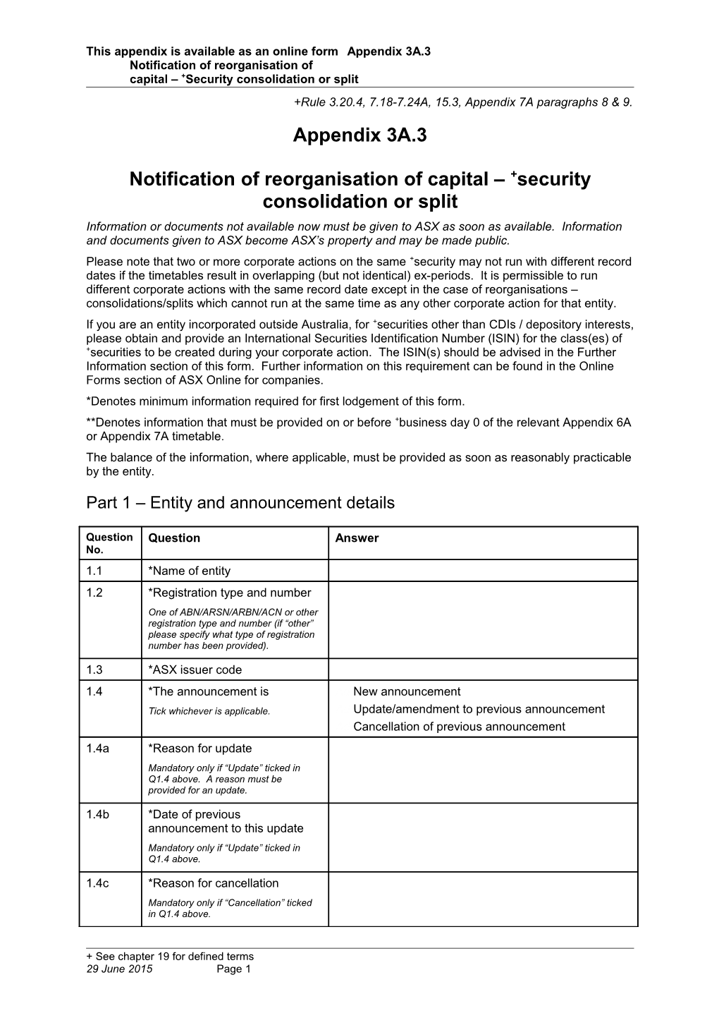 ASX Listing Rules Appendix 3A.3 - Notification Of Reorganisation Of Capital