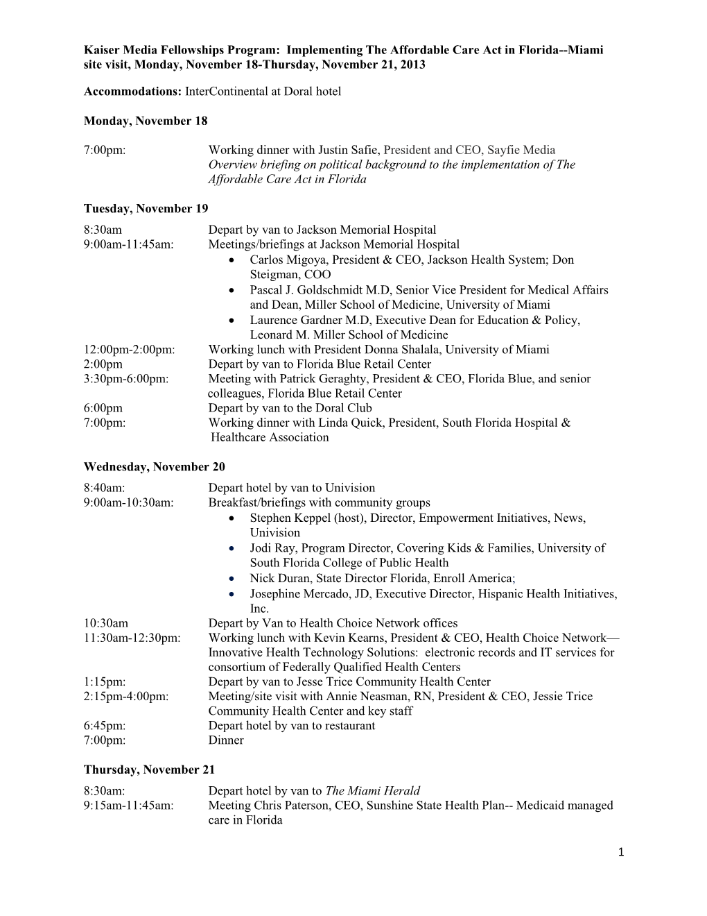 2013 Florida Site Visit Agenda