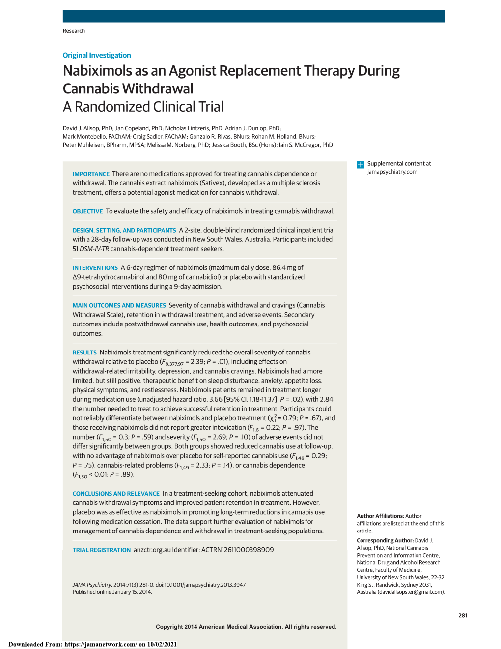 Nabiximols As an Agonist Replacement Therapy During Cannabis Withdrawal a Randomized Clinical Trial