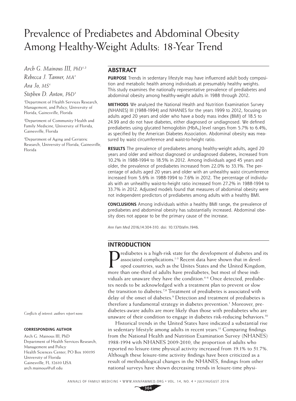 Prevalence of Prediabetes and Abdominal Obesity Among Healthy-Weight Adults: 18-Year Trend