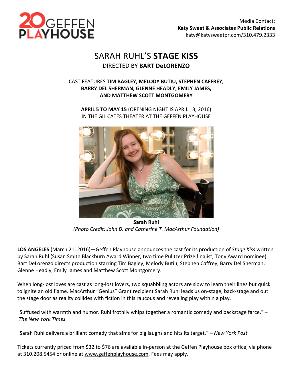 Sarah Ruhl's Stage Kiss