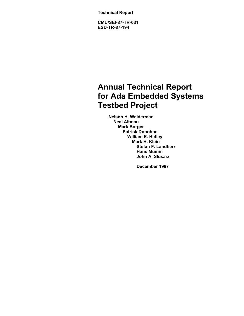 Annual Technical Report for Ada Embedded Systems Testbed Project