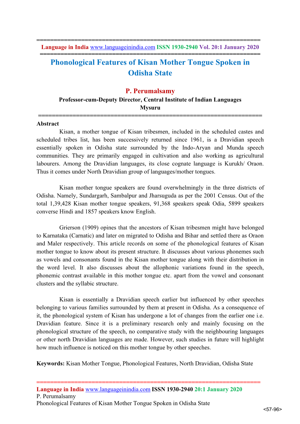 Phonological Features of Kisan Mother Tongue Spoken in Odisha State