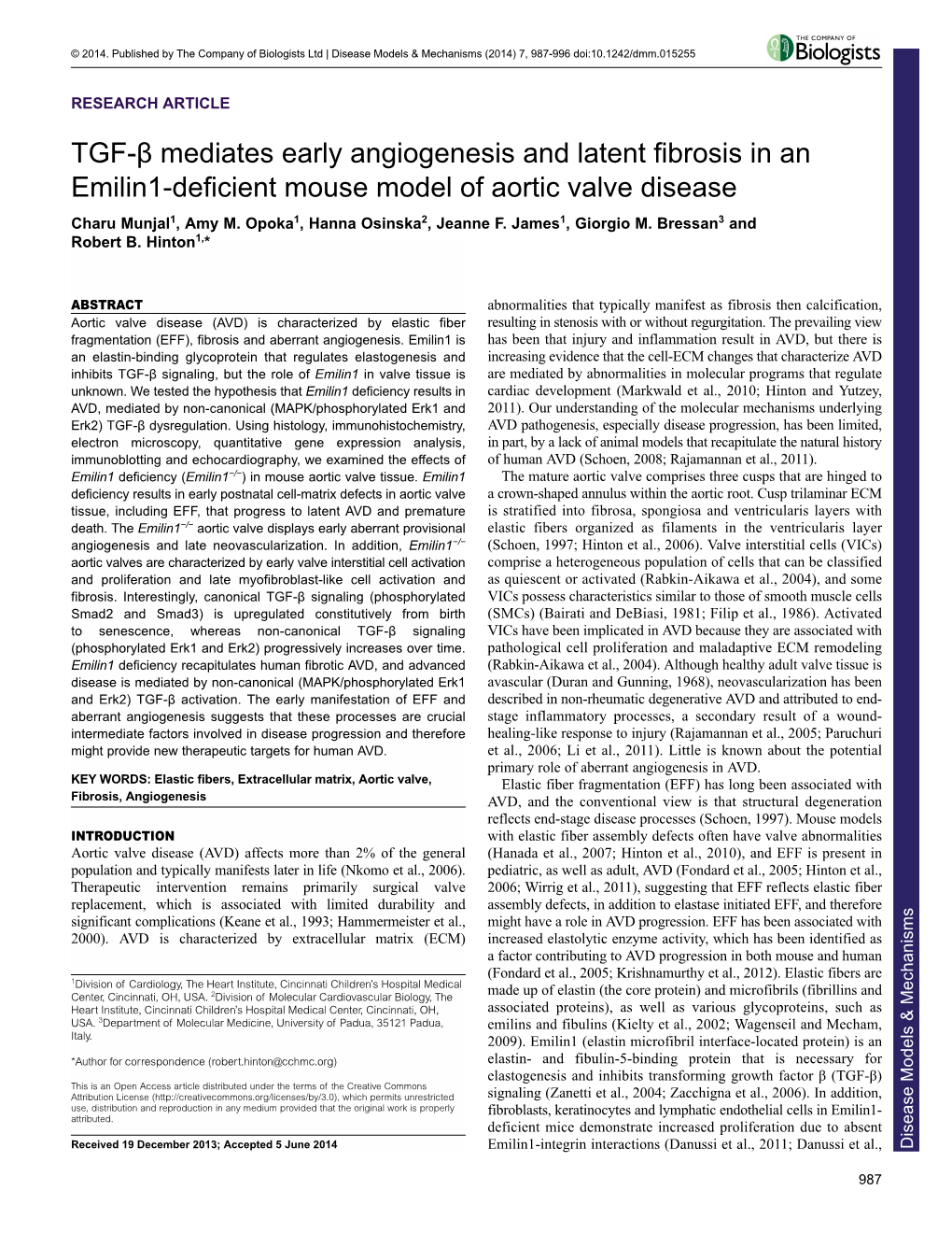 TGF-Β Mediates Early Angiogenesis and Latent Fibrosis in an Emilin1-Deficient Mouse Model of Aortic Valve Disease Charu Munjal1, Amy M