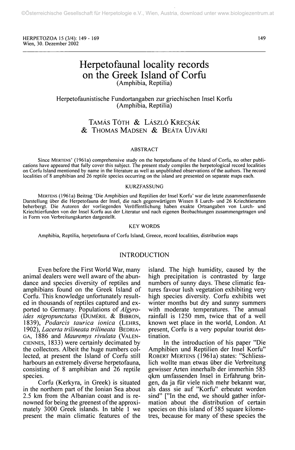 Herpetofaunal Locality Records on the Greek Island of Corfu (Amphibia, Reptilia)