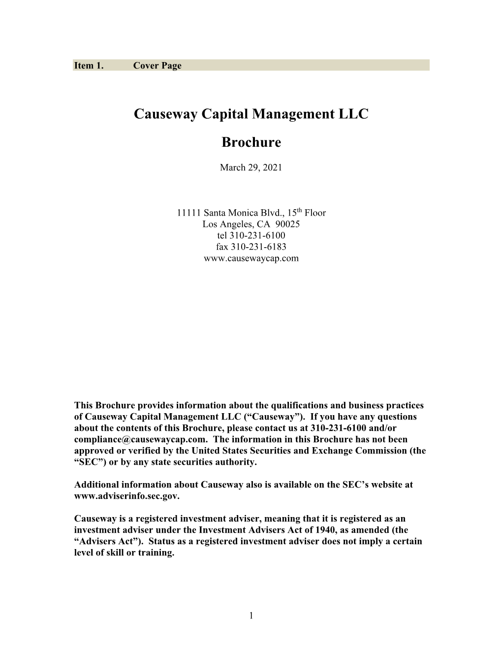 Causeway Capital Management LLC Brochure