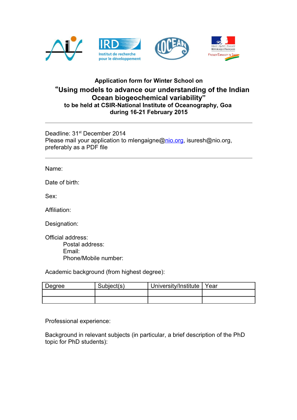 Application Form for Winter School On