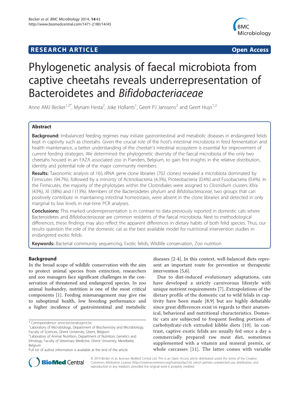 Phylogenetic Analysis of Faecal Microbiota from Captive Cheetahs