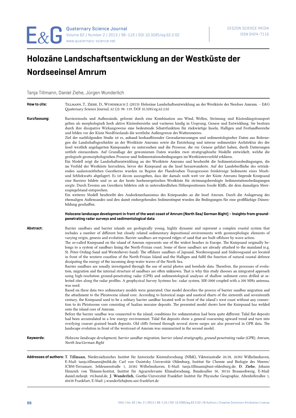 Holozäne Landschaftsentwicklung an Der Westküste Der Nordseeinsel Amrum