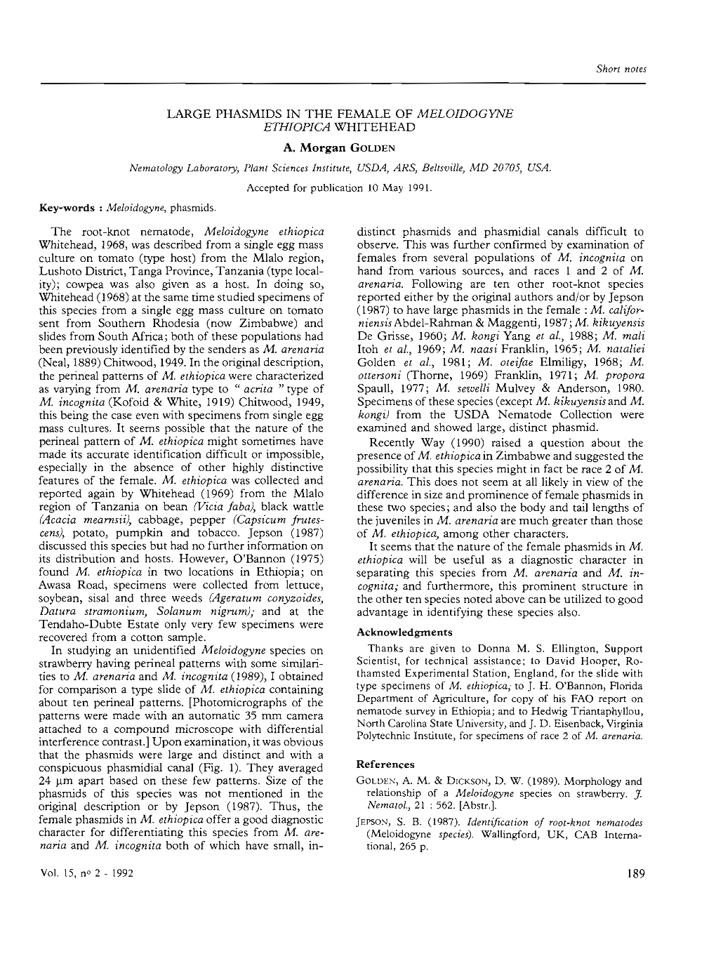 Large Phasmids in the Female of Meloidogyne Ethiopica Whitehead