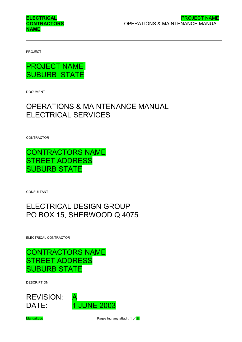 Contractors Operations & Maintenance Manual
