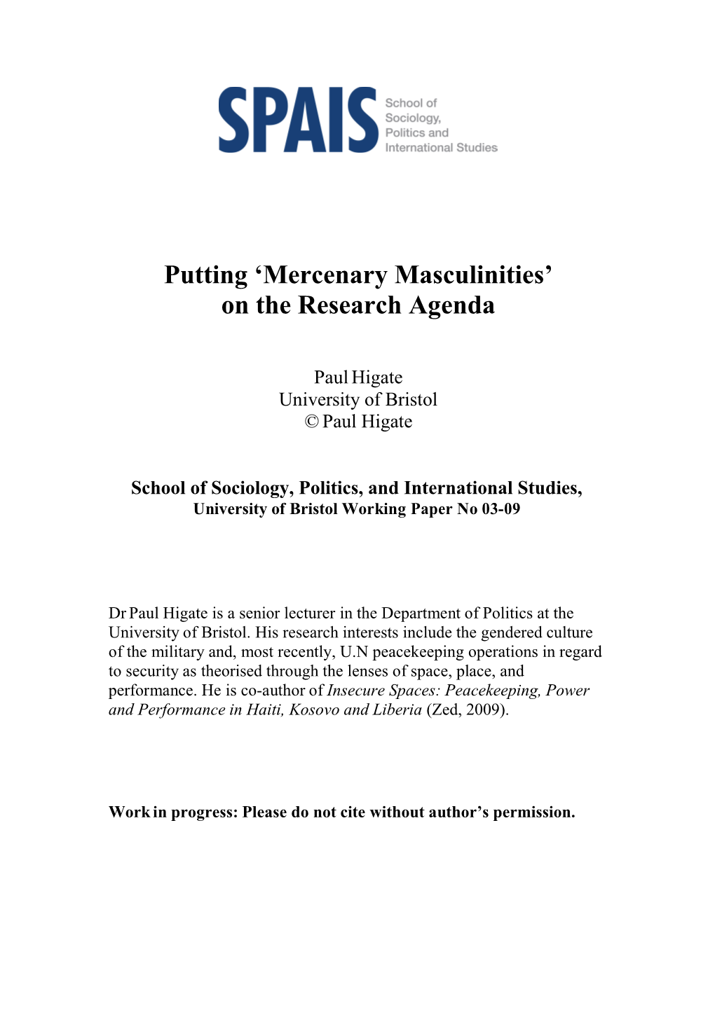 Putting 'Mercenary Masculinities' on the Research Agenda