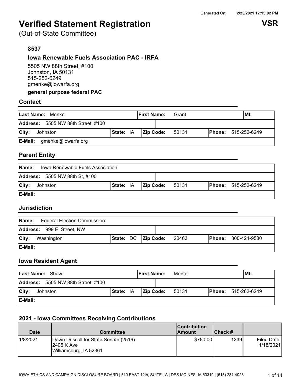 Verified Statement Registration VSR (Out-Of-State Committee)