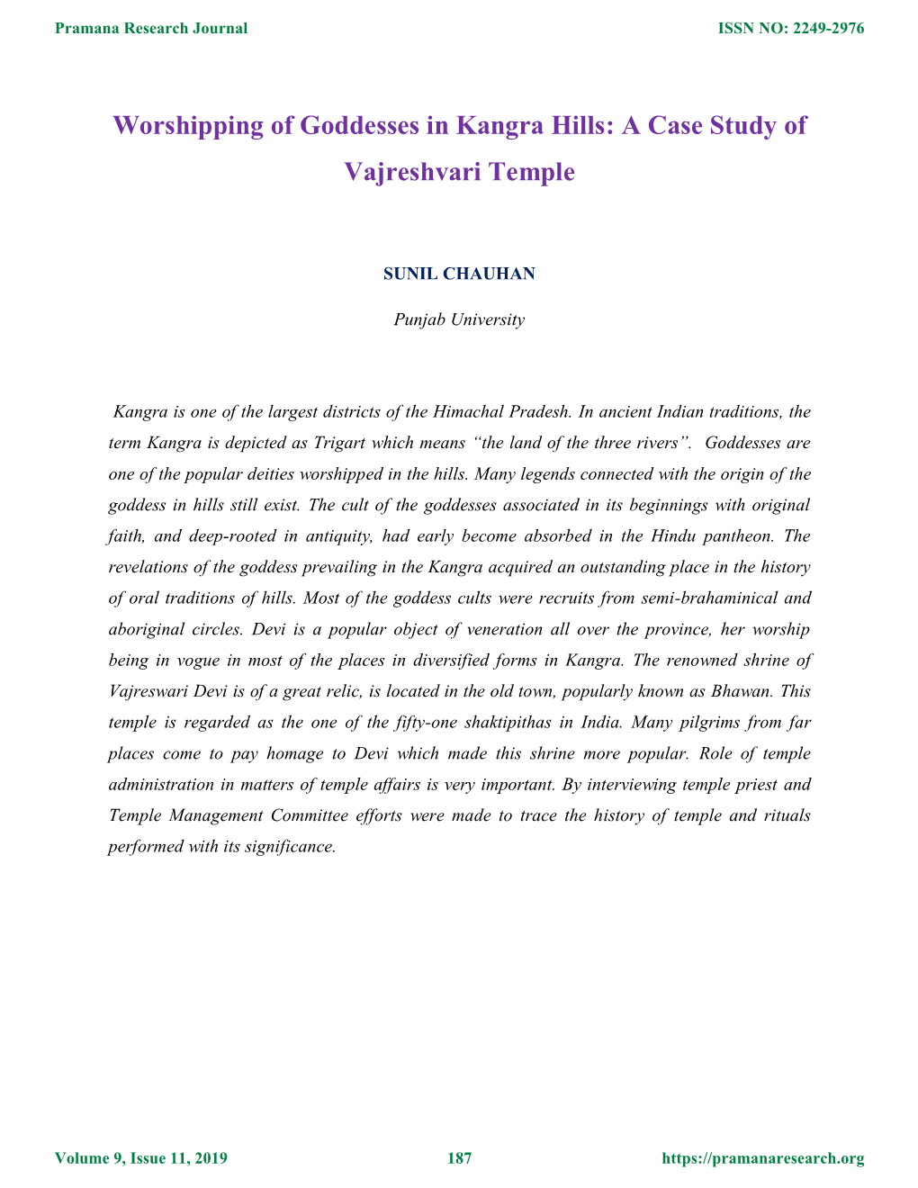 Worshipping of Goddesses in Kangra Hills: a Case Study of Vajreshvari Temple