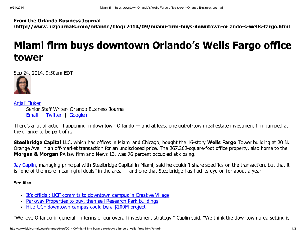 Miami Firm Buys Downtown Orlando's Wells Fargo Office Tower