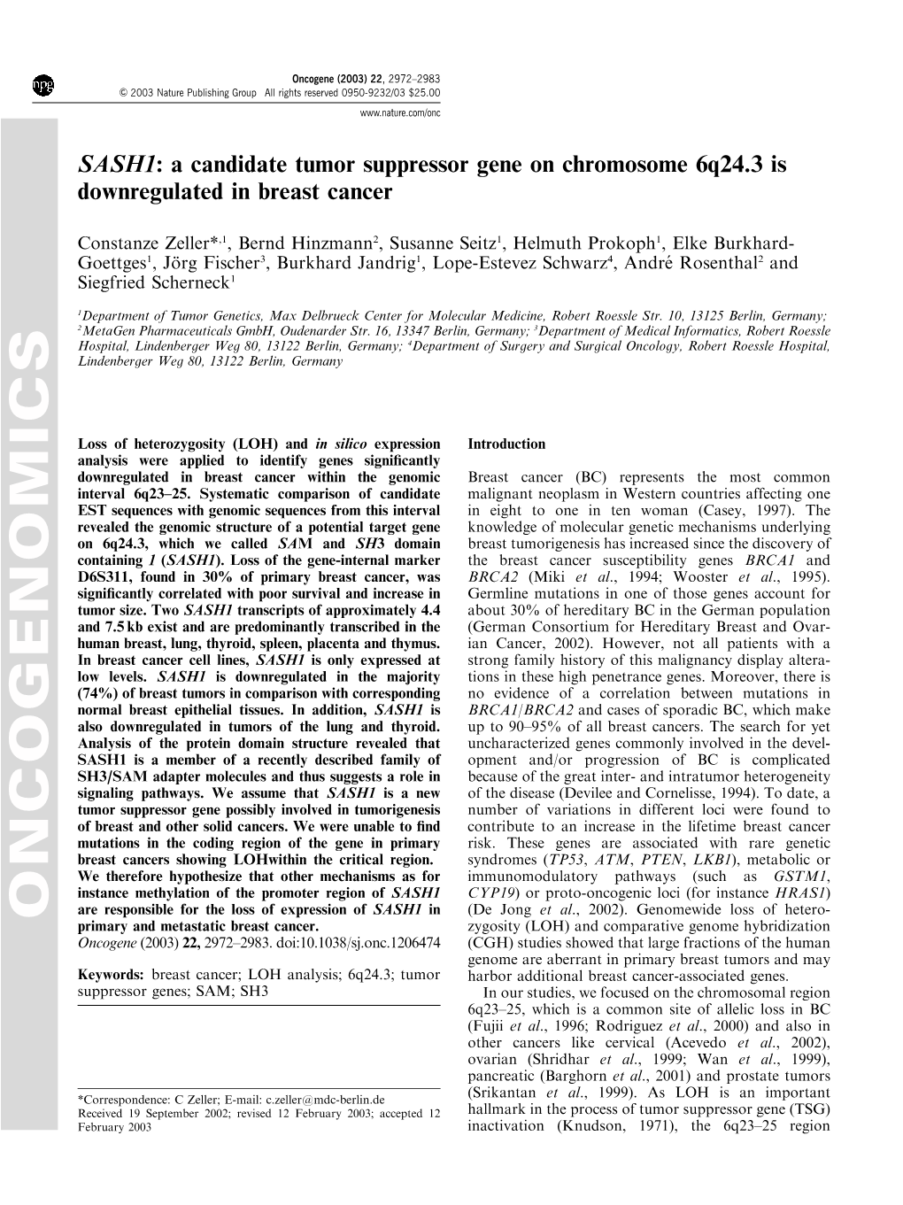 SASH1: a Candidate Tumor Suppressor Gene on Chromosome 6Q24. 3 Is