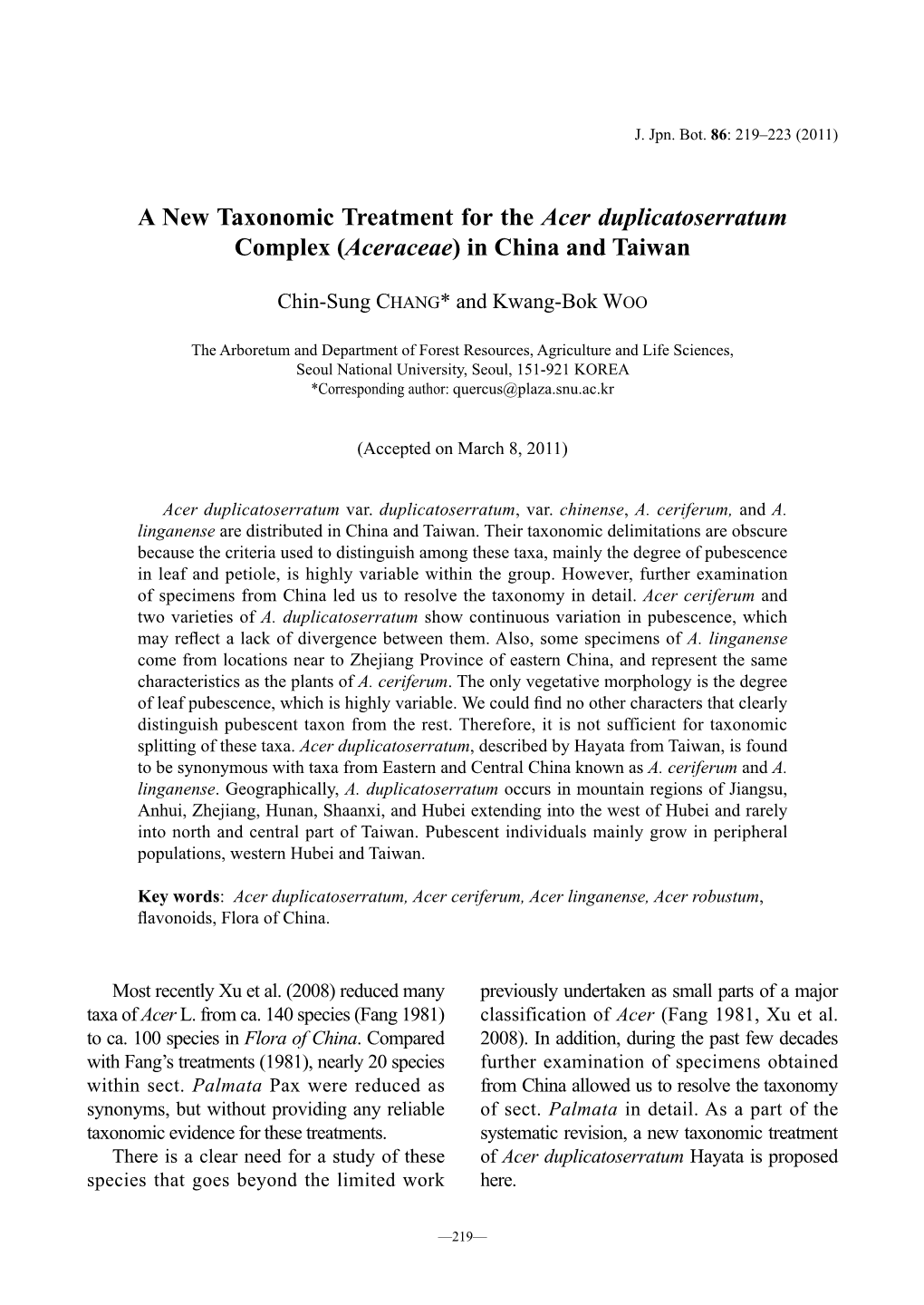 A New Taxonomic Treatment for the Acer Duplicatoserratum Complex (Aceraceae) in China and Taiwan