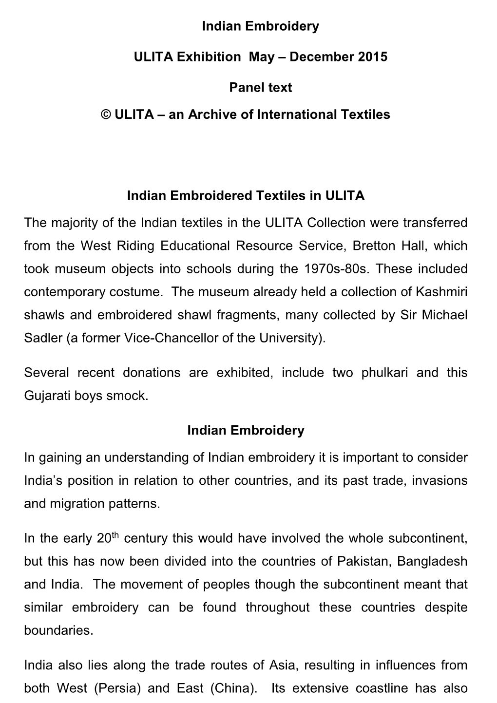 Indian Embroidery ULITA Exhibition