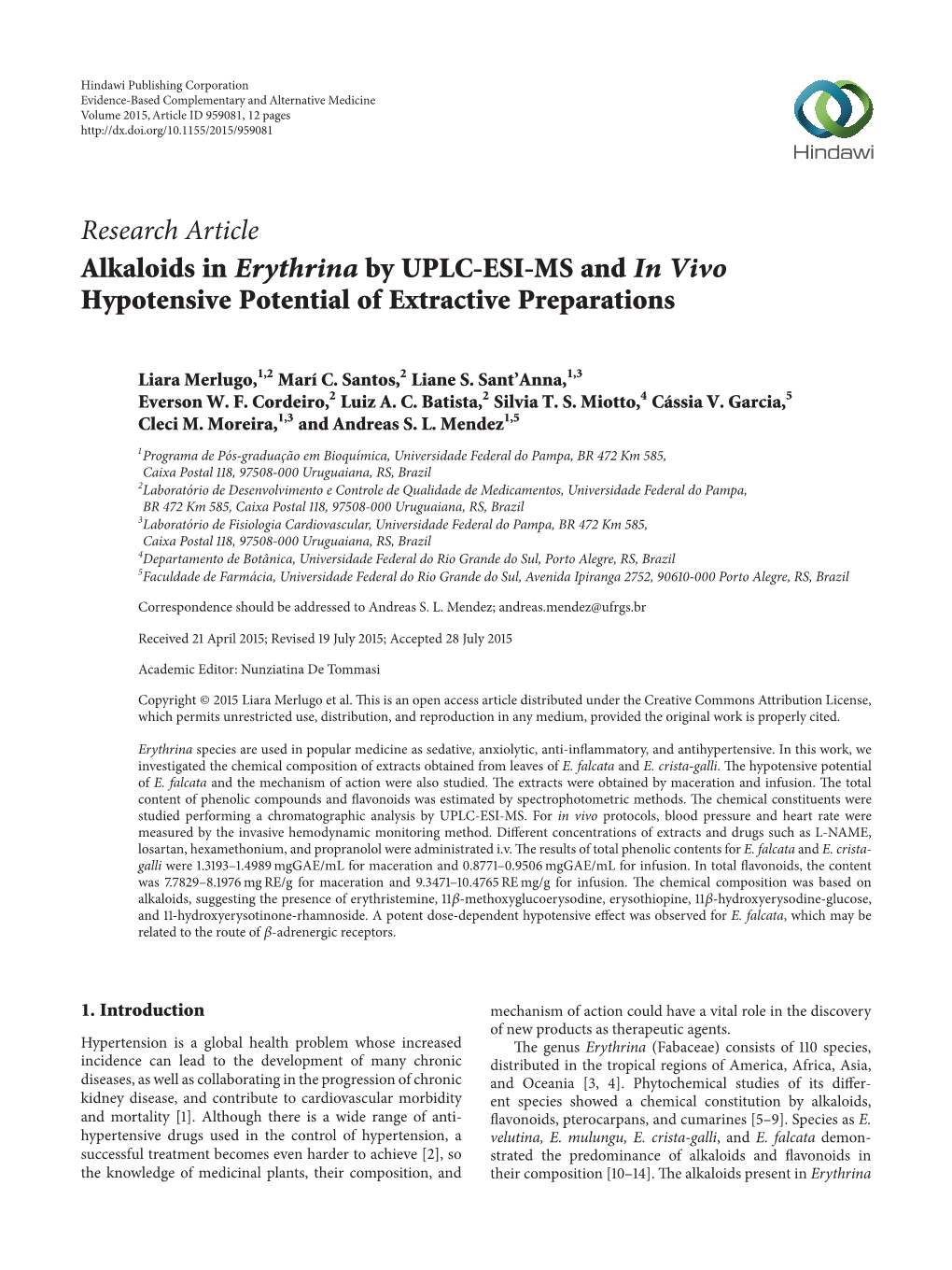 Alkaloids in Erythrina by UPLC-ESI-MS and in Vivo Hypotensive Potential of Extractive Preparations