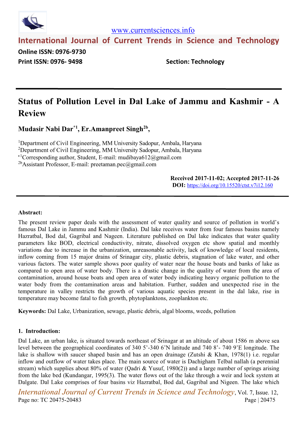 International Journal of Current Trends in Science and Technology Status of Pollution Level in Dal Lake of Jammu and Kashmir