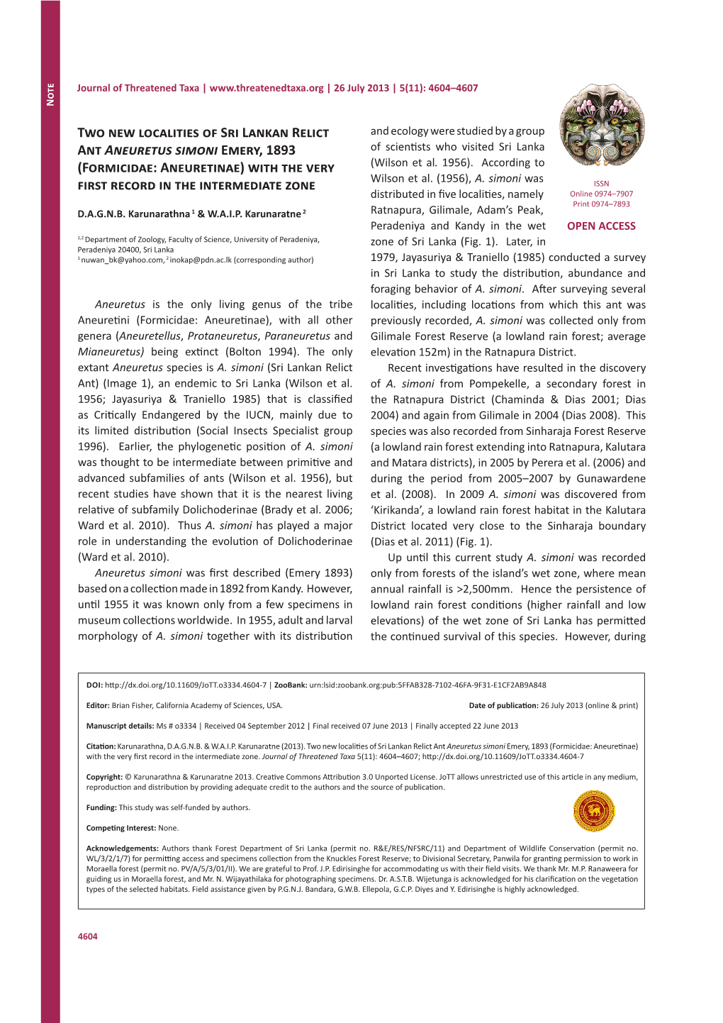 Formicidae: Aneuretinae) with the Very (Wilson Et Al