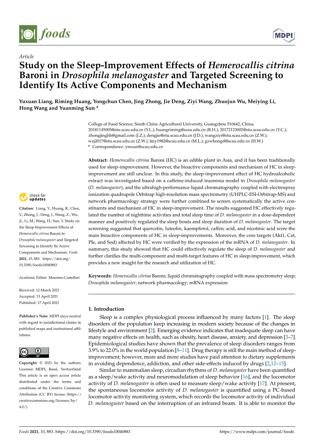 Study on the Sleep-Improvement Effects of Hemerocallis Citrina