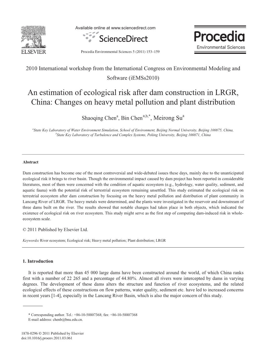 An Estimation of Ecological Risk After Dam Construction in LRGR, China: Changes on Heavy Metal Pollution and Plant Distribution