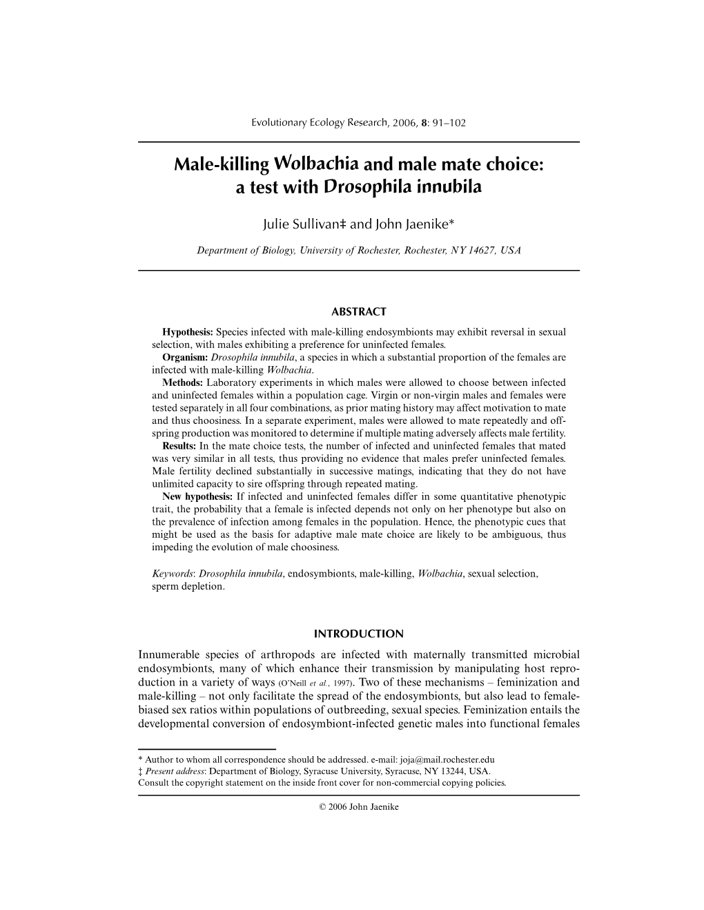 Male-Killing Wolbachia and Male Mate Choice: a Test with Drosophila Innubila