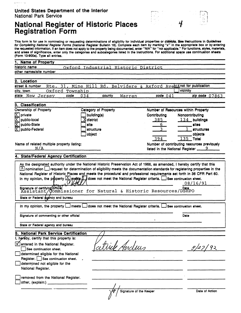 National Register of Historic Places Continuation Sheet Oxford Industrial HD, Oxford Township, Warren County, NJ