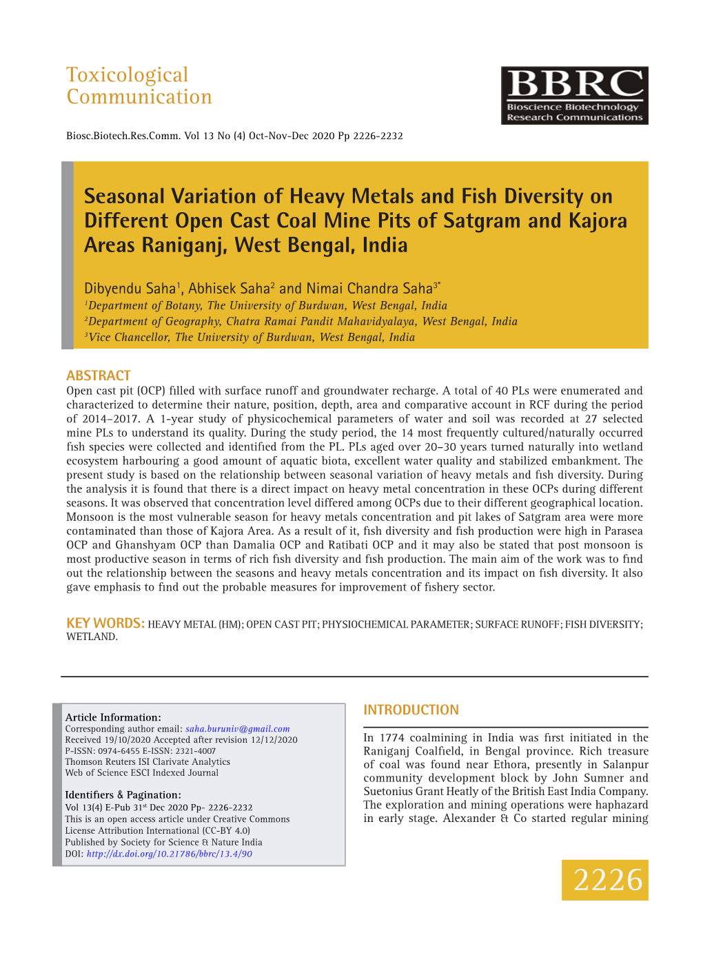 Seasonal Variation of Heavy Metals and Fish Diversity on Different Open Cast Coal Mine Pits of Satgram and Kajora Areas Raniganj, West Bengal, India