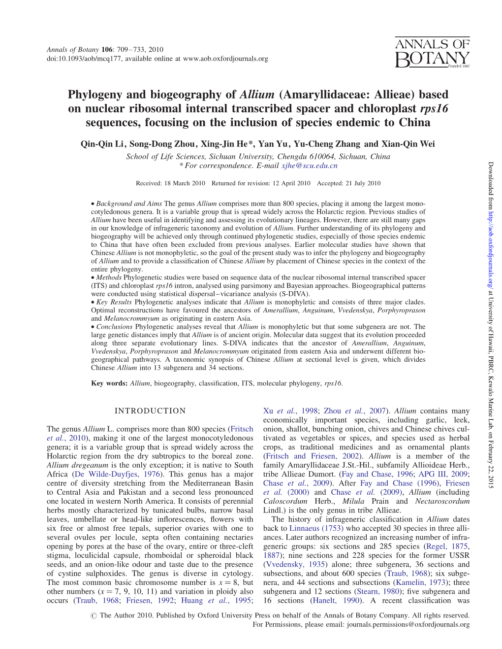 Phylogeny and Biogeography of Allium (Amaryllidaceae: Allieae