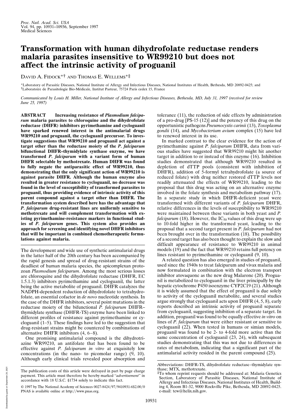 Transformation with Human Dihydrofolate Reductase Renders Malaria Parasites Insensitive to WR99210 but Does Not Affect the Intrinsic Activity of Proguanil