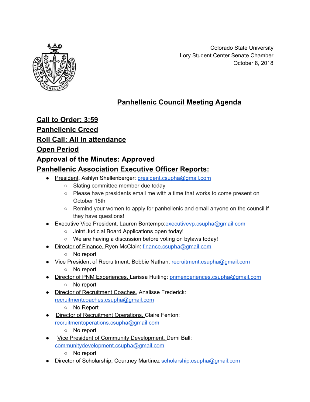 Panhellenic Council Meeting Agenda Call to Order
