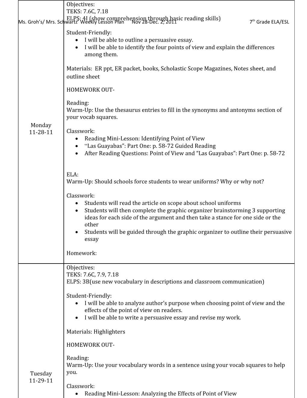 Ms. Groh S/ Mrs. Schwartz Weekly Lesson Plan Nov 28-Dec. 2, 2011 7Th Grade ELA/ESL