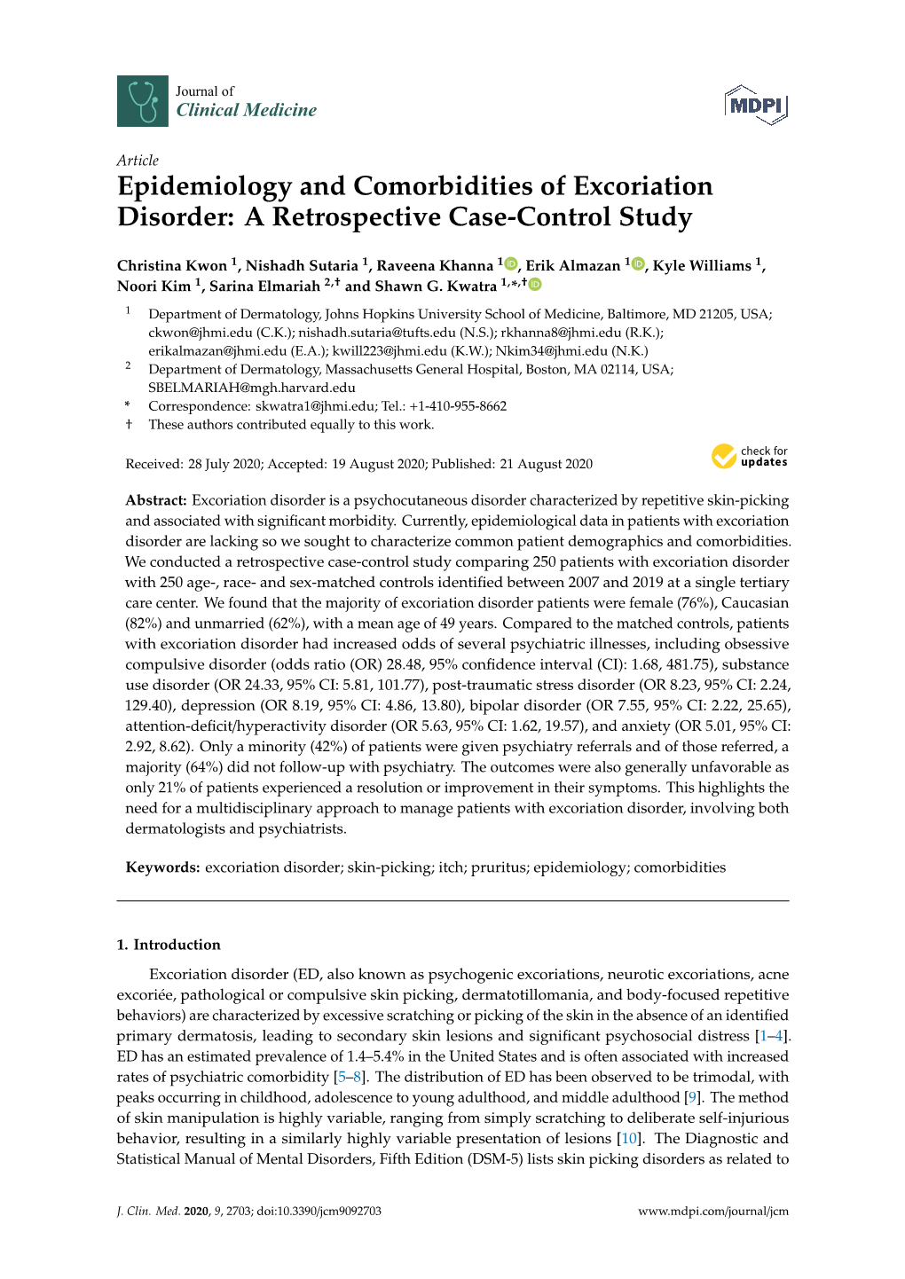 Epidemiology and Comorbidities of Excoriation Disorder: a Retrospective Case-Control Study