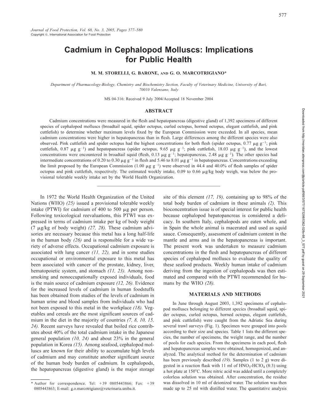 Cadmium in Cephalopod Molluscs: Implications for Public Health