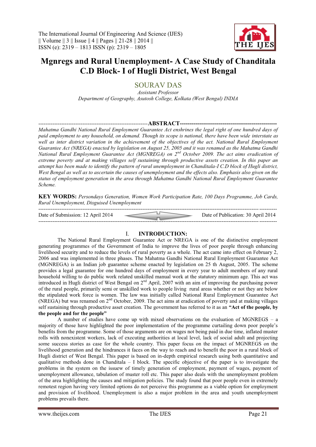 A Case Study of Chanditala CD Block- I of Hugli District, West Bengal