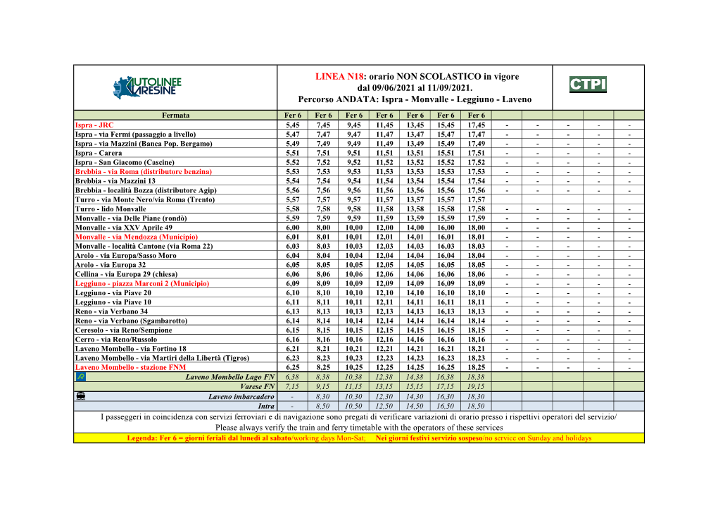 LINEA N18: Orario NON SCOLASTICO in Vigore Dal 09/06/2021 Al 11/09/2021
