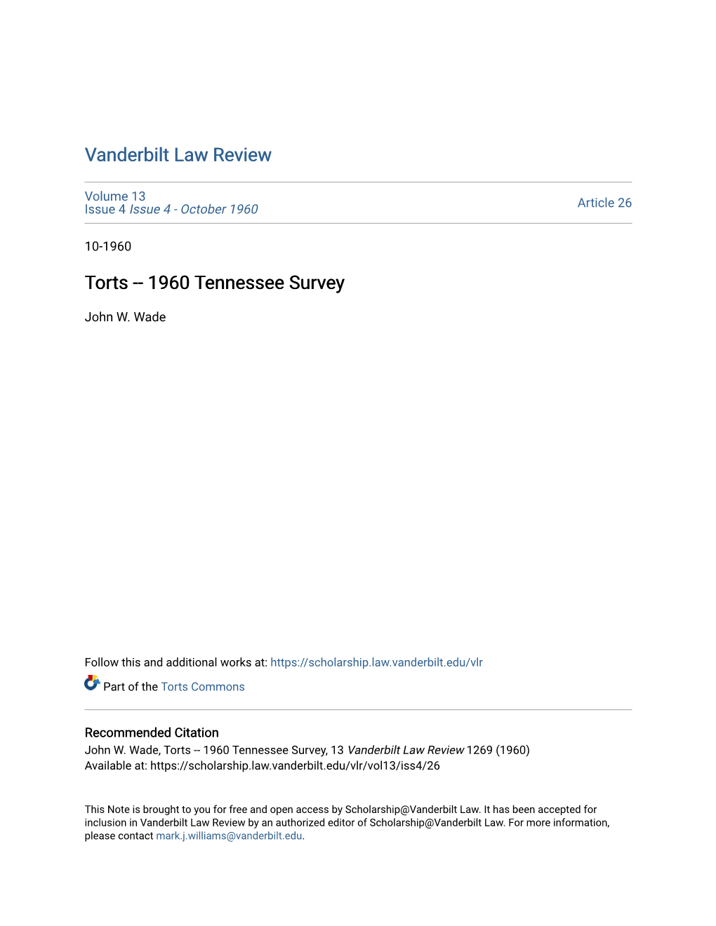 Torts -- 1960 Tennessee Survey