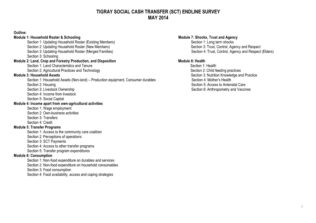 Tigray Social Cash Transfer (Sct) Endline Survey May 2014