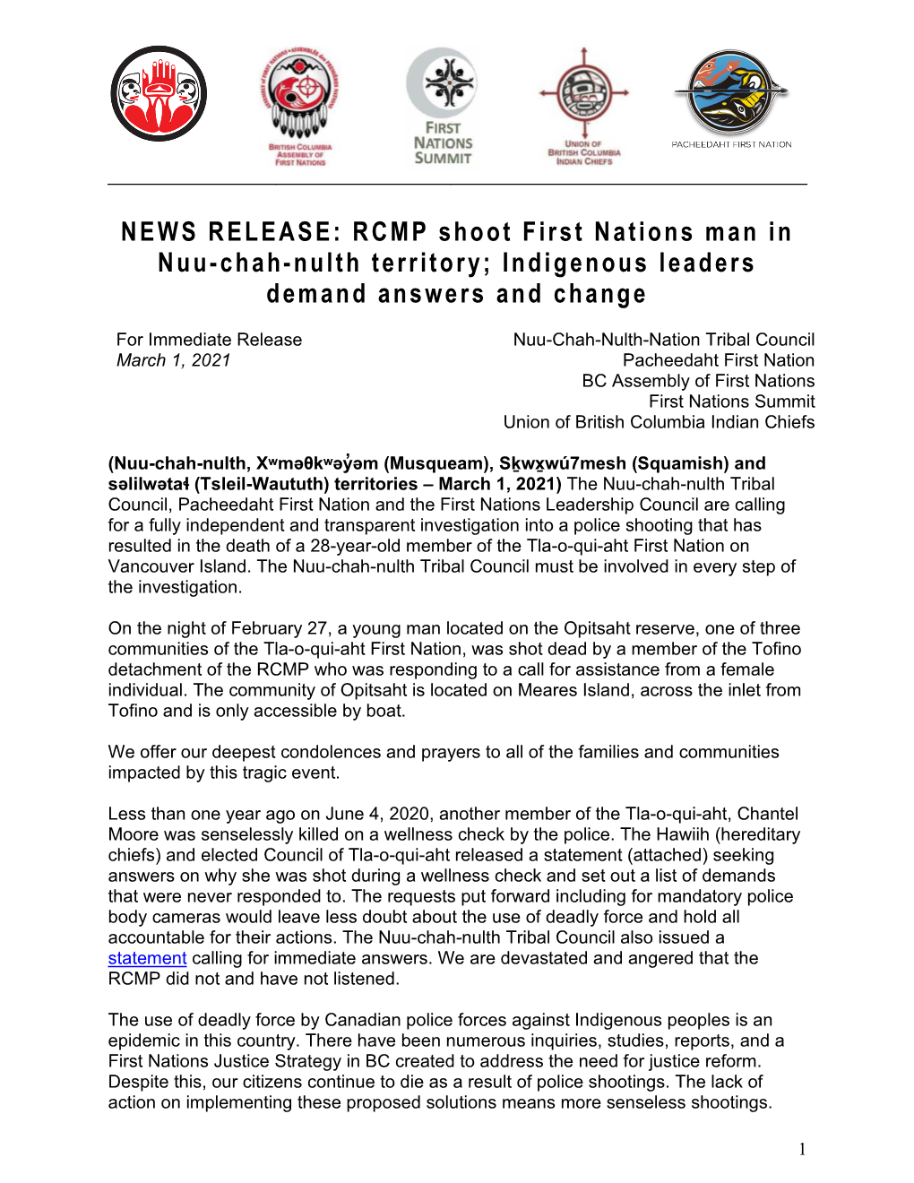 NEWS RELEASE: RCMP Shoot First Nations Man in Nuu-Chah-Nulth Territory; Indigenous Leaders Demand Answers and Change