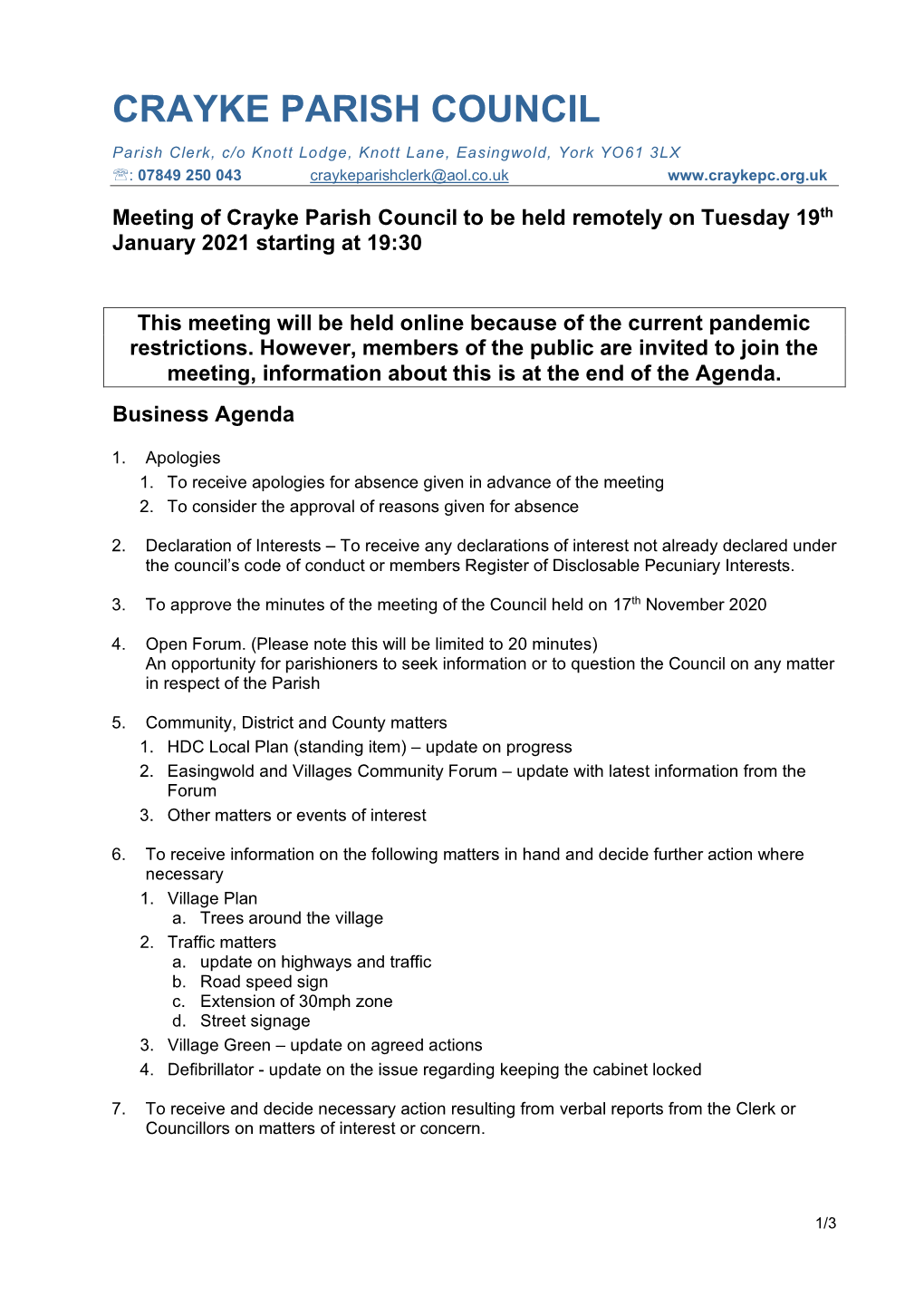 Agenda for the Meeting on 19Th January 2021