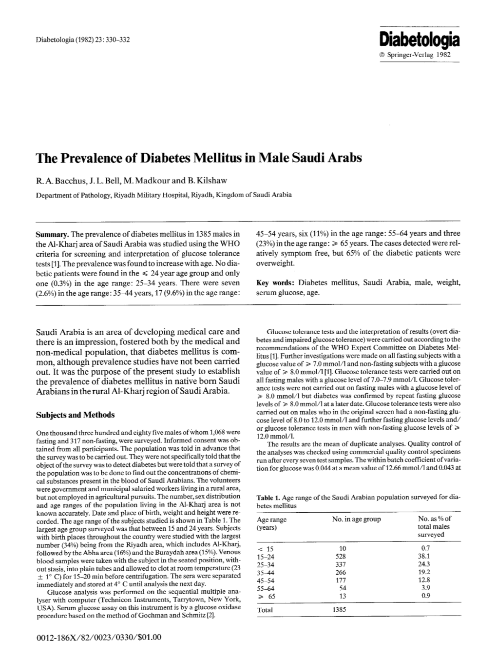 The Prevalence of Diabetes Mellitus in Male Saudi Arabs