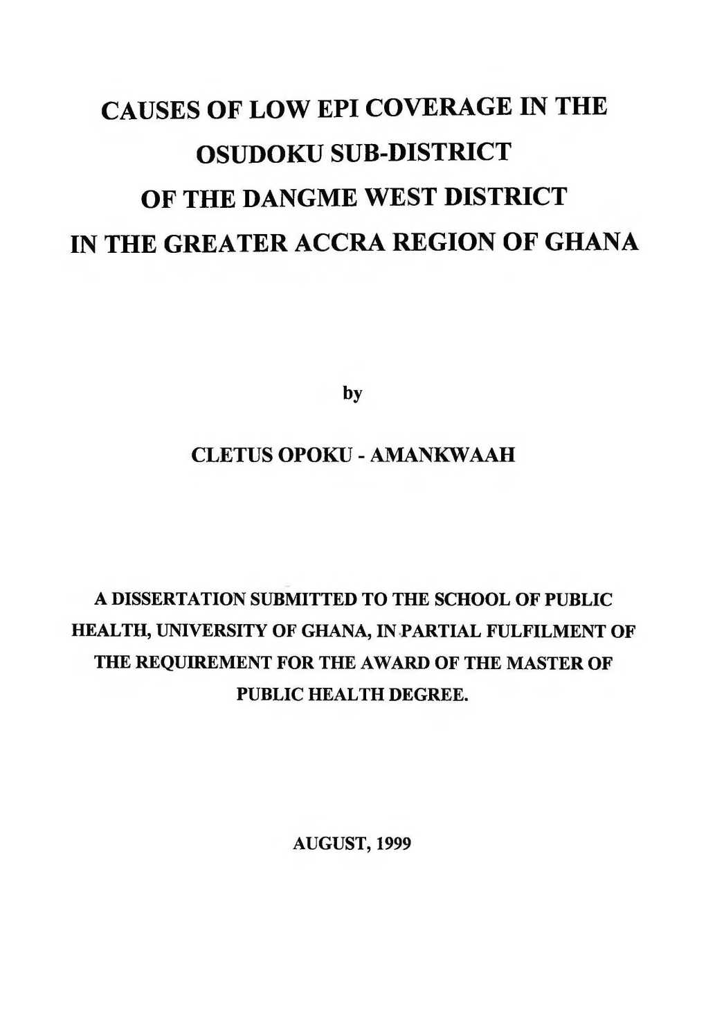 Causes of Low Epi Coverage in the Osudoku Sub-District of the Dangme West District in the Greater Accra Region of Ghana