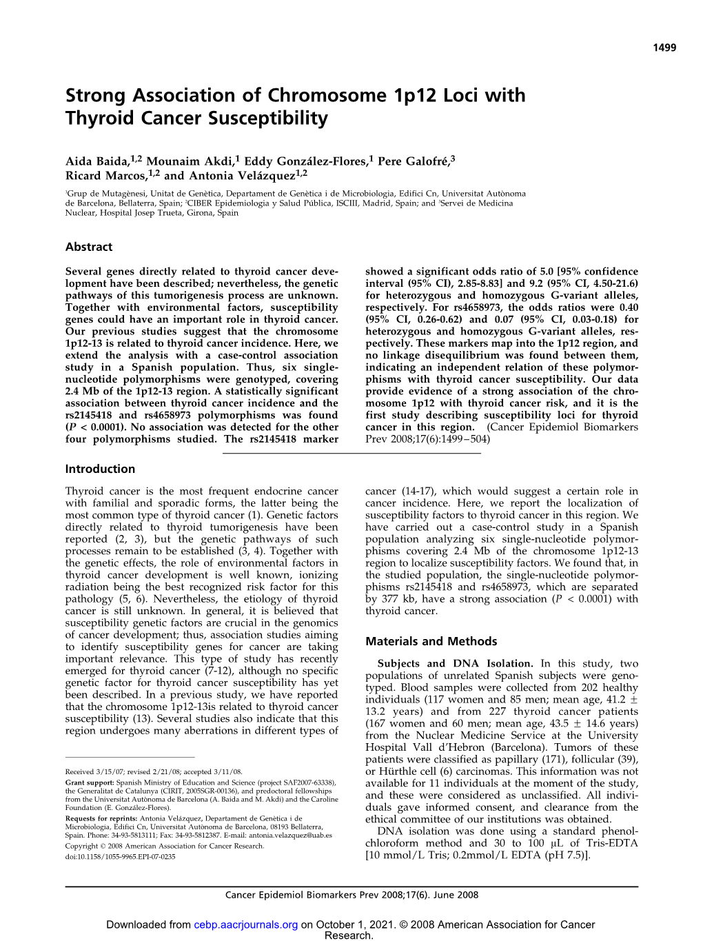 Strong Association of Chromosome 1P12 Loci with Thyroid Cancer Susceptibility