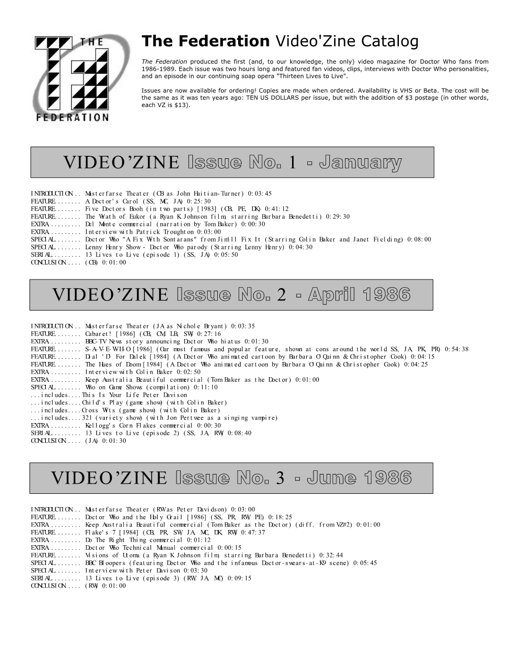Video'zine Catalog in Adobe PDF Format