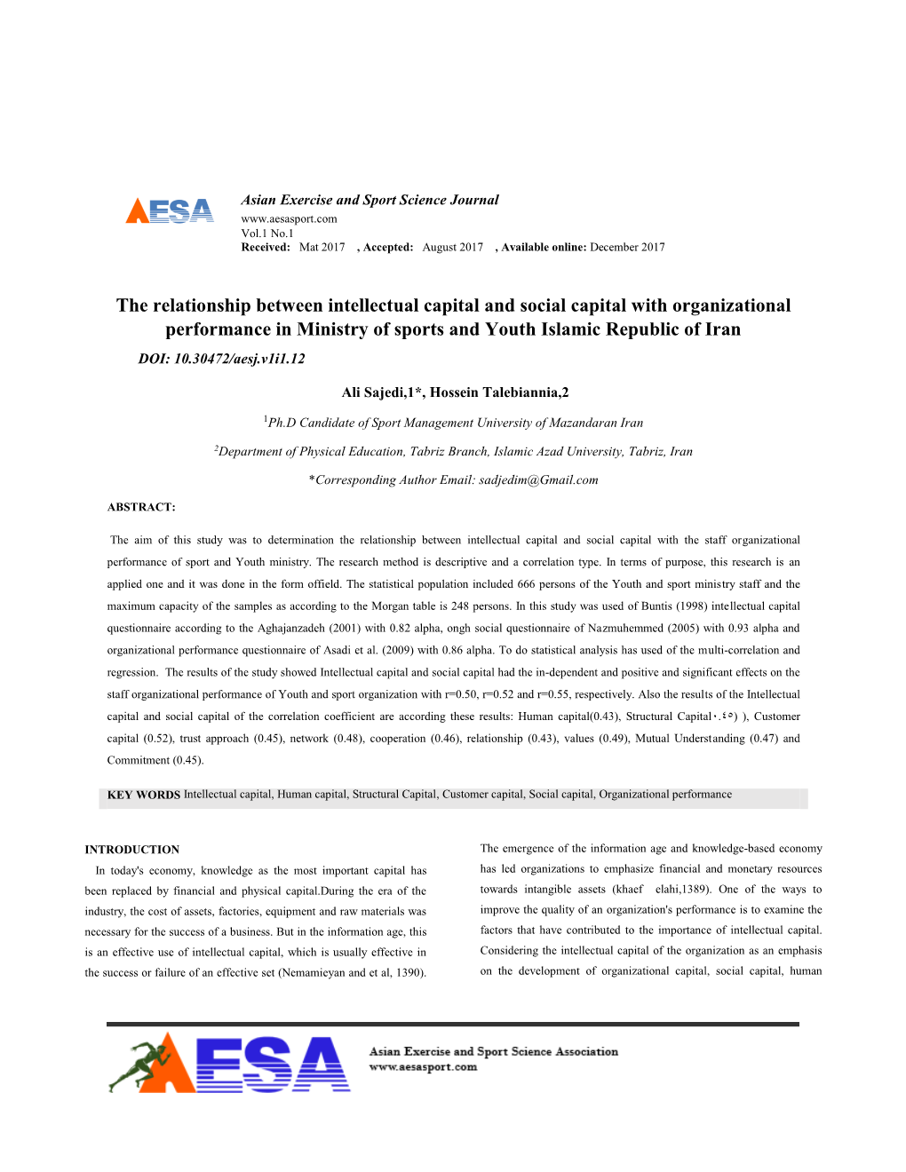 The Relationship Between Intellectual Capital and Social Capital with Organizational Performance in Ministry of Sports and Youth Islamic Republic of Iran